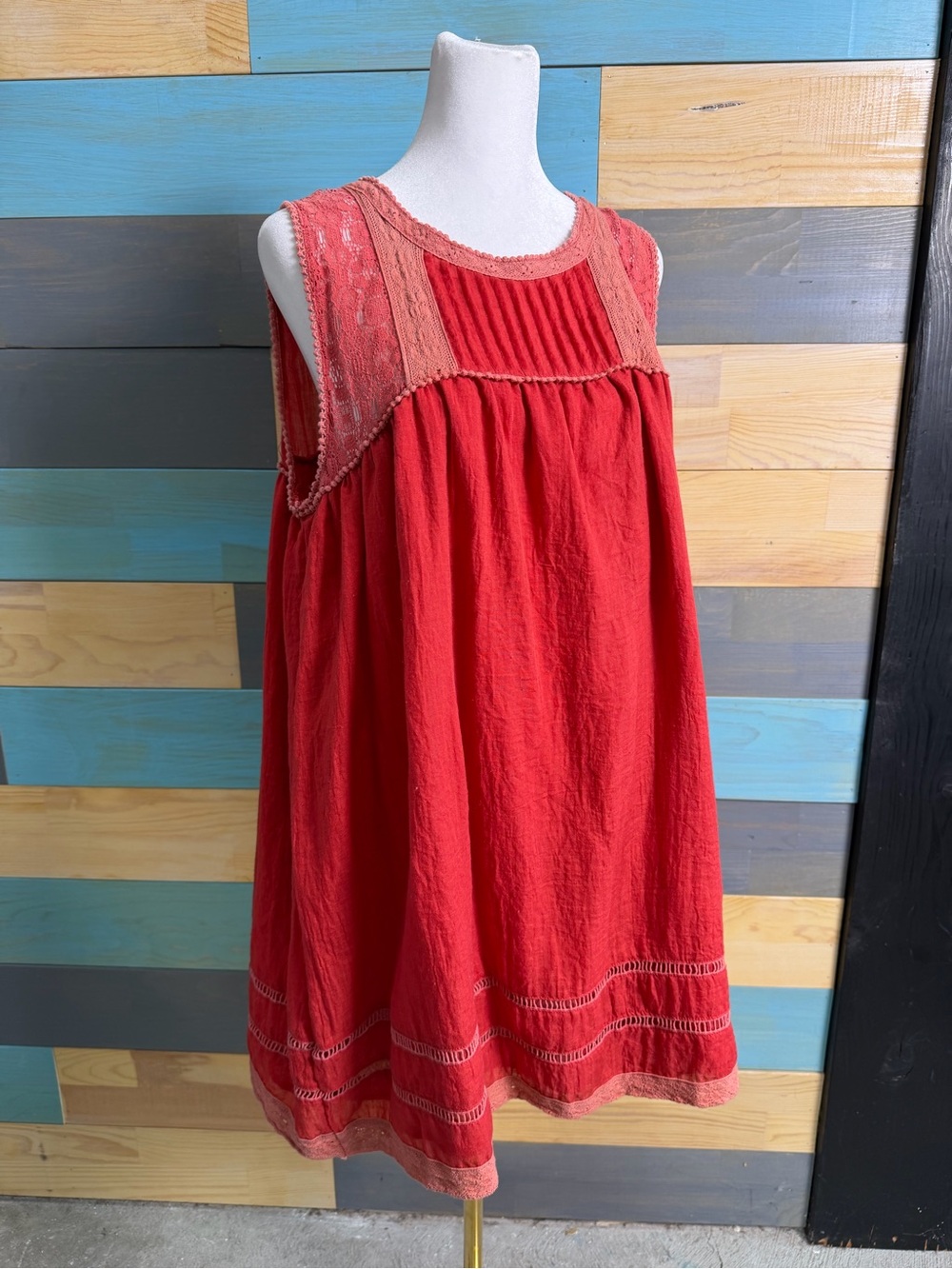 Altar'd State Red Sleeveless Mini Dress with Lace Yoke Babydoll Peasant Cottage